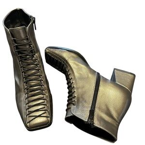 Custom Metallic Leather Lace-Up Square Toe Ankle Boots, 8.5